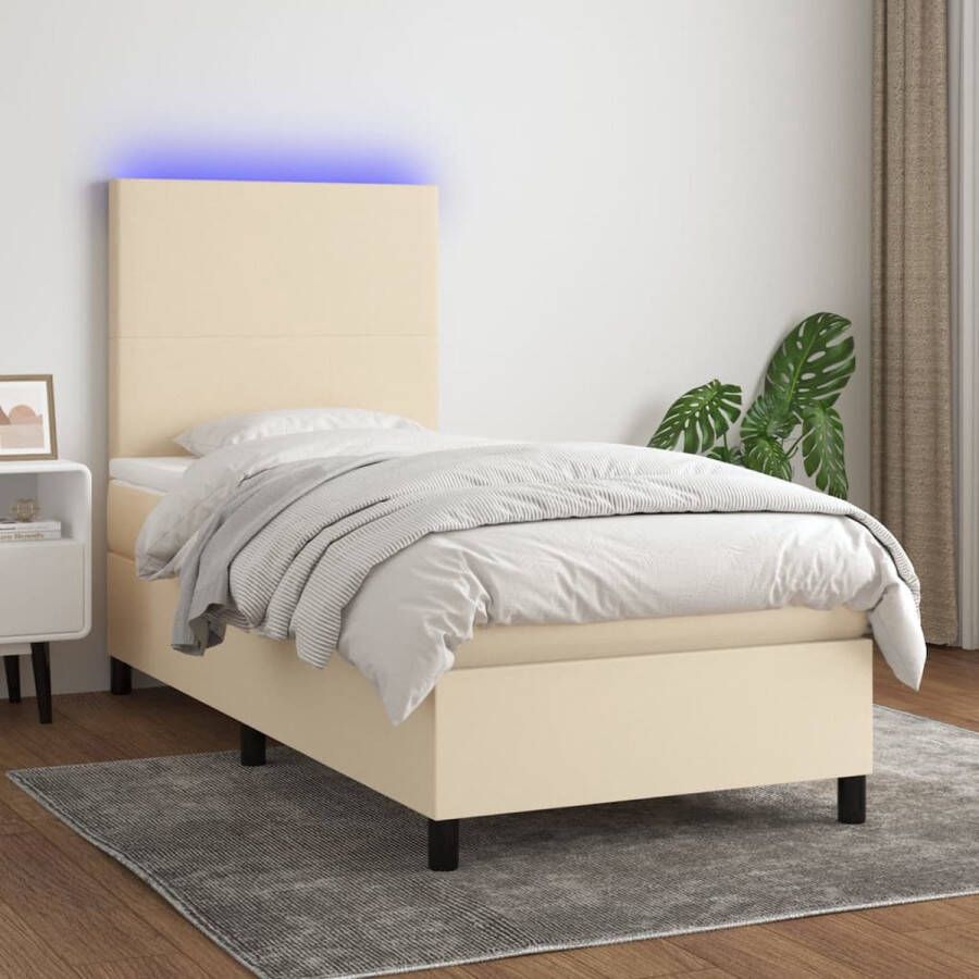 The Living Store Bed s Boxspring 203 x 90 cm LED verlichting Pocketvering matras Huidvriendelijk topmatras Crème 150 cm USB-kabel IP65