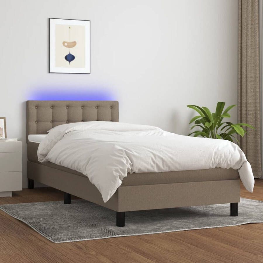 The Living Store Boxspring met matras en LED stof taupe 90x190 cm Boxspring Led Lamp Pocketveer Matras Taupecouleur Tweepersoonsbed