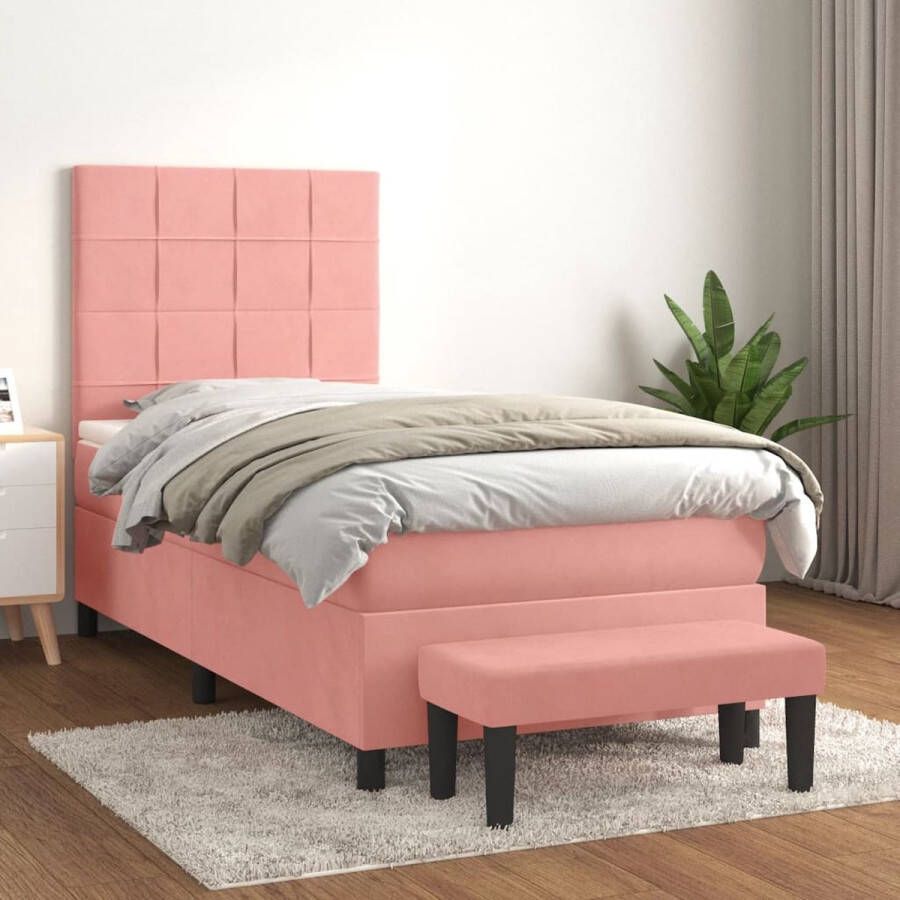 The Living Store Boxspring met matras fluweel roze 90x190 cm Boxspringbed Velvet Bed Rooskleurig Bed Tweepersoonsbed Kinderkamermeubel - Foto 2