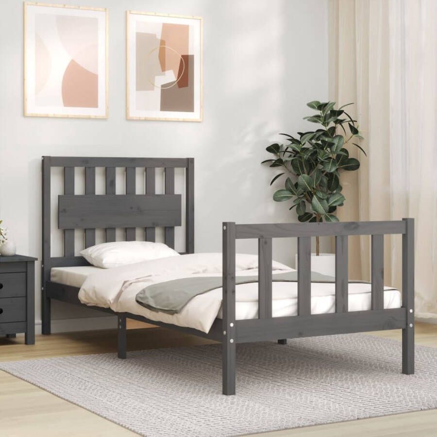 The Living Store Bedframe met hoofdbord massief hout grijs 3FT Single Bedframe Bedframes Bed Eenpersoonsbed Slaapkamermeubel Houten Bedframe Houten Bed Bedbodem Massief Houten Bedframe Ledikant Bedframe Met Hoofdeinde - Foto 2