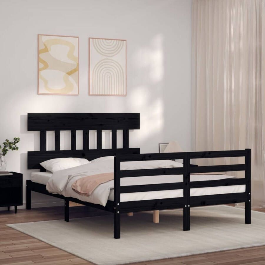 The Living Store Bedframe met hoofdbord massief hout zwart 140x200 cm Bedframe Bedframes Bed Tweepersoonsbed Slaapkamermeubel Houten Bedframe Houten Bed Bedbodem Massief Houten Bedframe Ledikant Bedframe Met Hoofdeinde - Foto 2