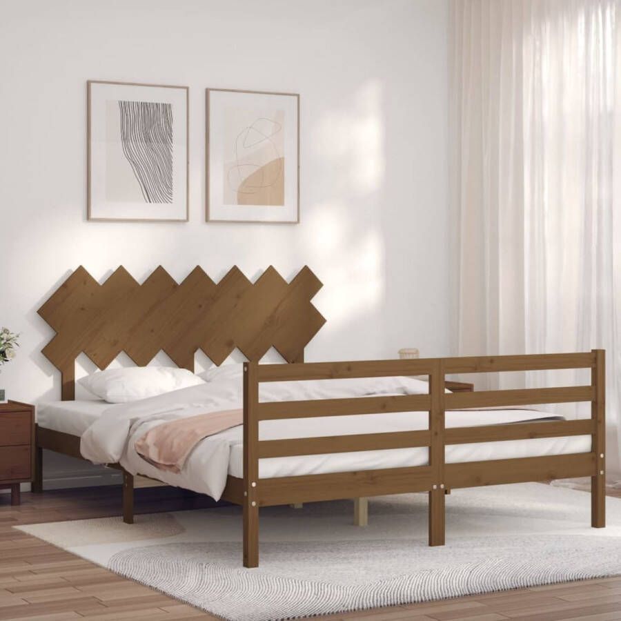The Living Store Bedframe met hoofdbord massief hout honingbruin 5FT King Size Bedframe Bedframes Bed Tweepersoonsbed Slaapkamermeubel Houten Bedframe Houten Bed Bedbodem Massief Houten Bedframe Ledikant Bedframe Met Hoofdeinde - Foto 2
