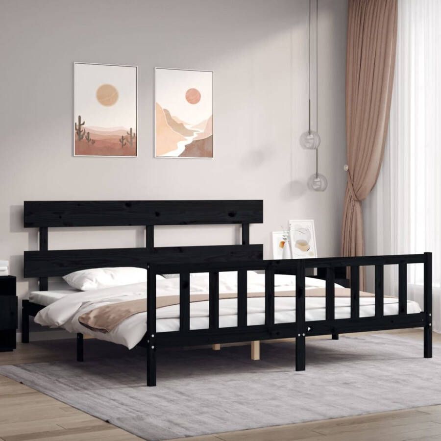 The Living Store Bedframe met hoofdbord massief hout zwart 200x200 cm Bedframe Bedframes Bed Tweepersoonsbed Slaapkamermeubel Houten Bedframe Houten Bed Bedbodem Massief Houten Bedframe Ledikant Bedframe Met Hoofdeinde