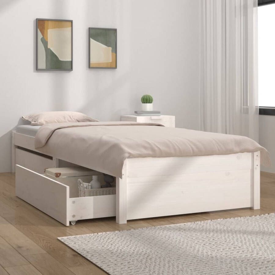 The Living Store Bed Wit Houten Bedframe 205.5x105.5x31 cm Meubilair Massief Grenenhout Met Lattenbodem en Opbergfunctie Houten Bed Frame Tweepersoons Bed Wit Bed Massief Hout Bed Met Lades - Foto 2