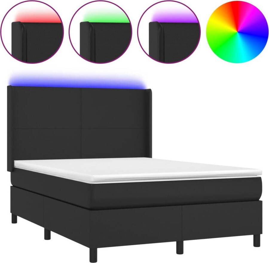 The Living Store Bed Zwart Kunstleer 193x147x118 128cm LED Pocketvering Topmatras Incl Montagehandleiding Boxspring Led Bed Kunstleder Bed Tweepersoonsbed King Size Bed