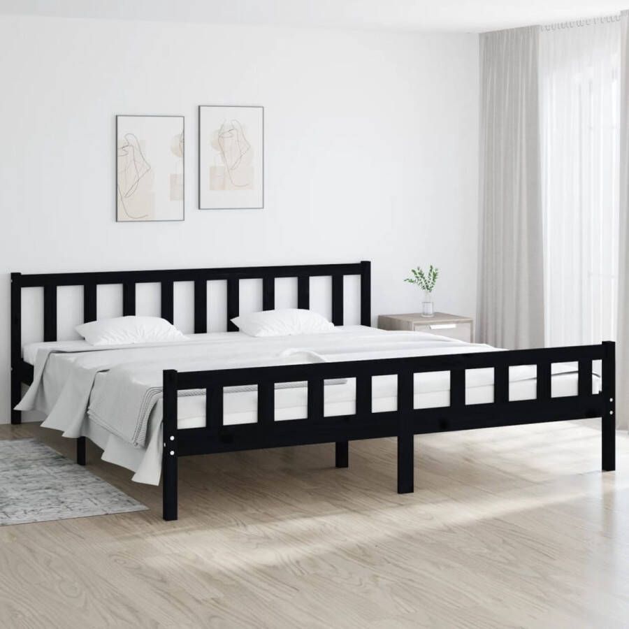 The Living Store Bed Zwarte Massief Grenenhouten Bedframe 205.5 x 185.5 x 69.5 cm 180 x 200 cm (6FT Super King)