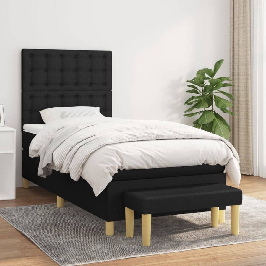 The Living Store Bed Zwarte Stof 193 x 90 x 118 128 cm Pocketvering Matras Middelharde Ondersteuning Huidvriendelijk Topmatras Multifunctioneel Bankje Boxspring Tweepersoonsbed Zwart Bed Pocketed Veren Matras Middenhard Matras