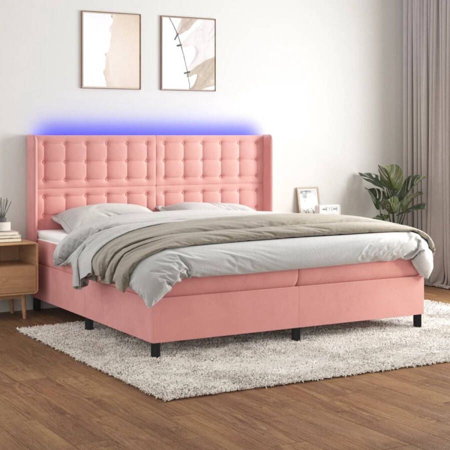 The Living Store Bedbox Roze fluwelen boxspring 203 x 203 x 118 128 cm LED-verlichting Pocketvering matras Huidvriendelijk topmatras Inclusief montagehandleiding