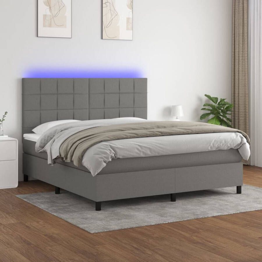 The Living Store Bedboxspring Donkergrijs 203 x 160 x 118 128 cm Inclusief matras en LED Boxspring Donkere Kleuren Led Verlichting Tweepersoonsbed Slaapcomfort