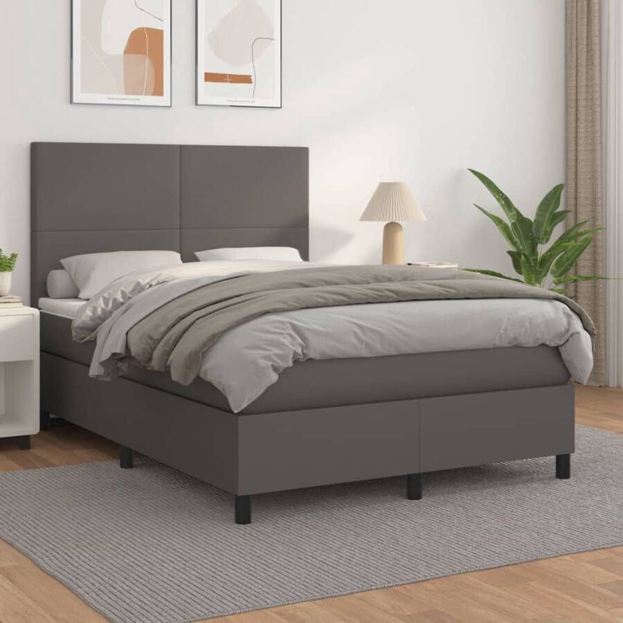 The Living Store Bedden Boxspringbed grijs 203x144 cm Duurzaam kunstleer Verstelbaar hoofdbord Pocketvering matras Middelharde ondersteuning Huidvriendelijk topmatras - Foto 2