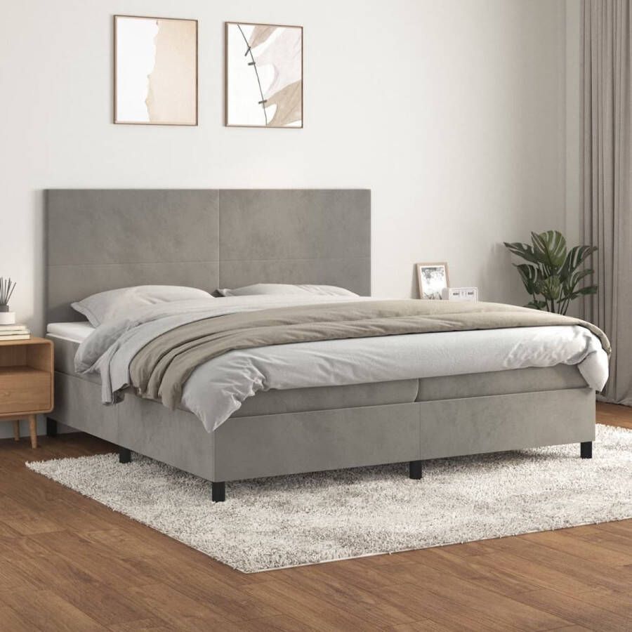 The Living Store Bedframe Bedmatras Topmatras 203x200x118 128 cm Zacht fluweel praktisch hoofdbord comfortabele ondersteuning pocketvering matras middelharde ondersteuning huidvriendelijk topmatras Lichtgrijs 100% polyester