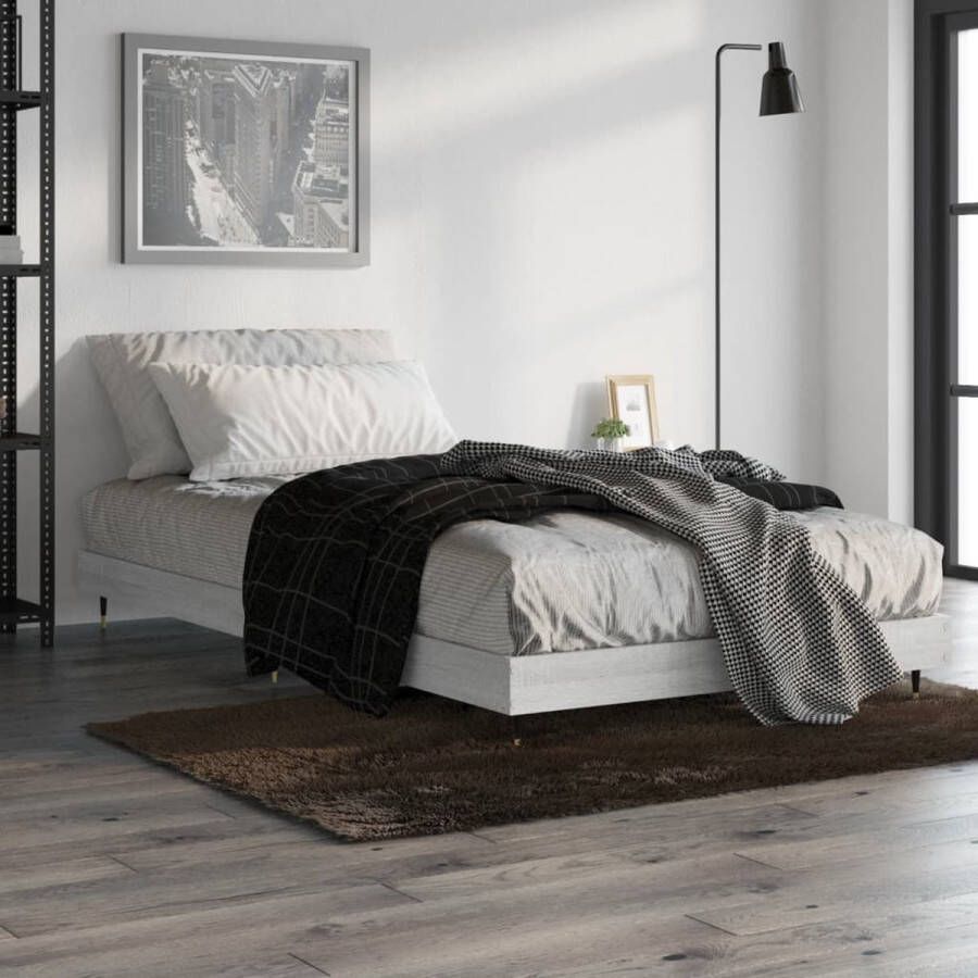 The Living Store Bedframe Kakey Grijs Sonoma Eiken 203 x 103 x 20 cm Duurzaam Hout Metalen Poten Multiplex Lattenbodem