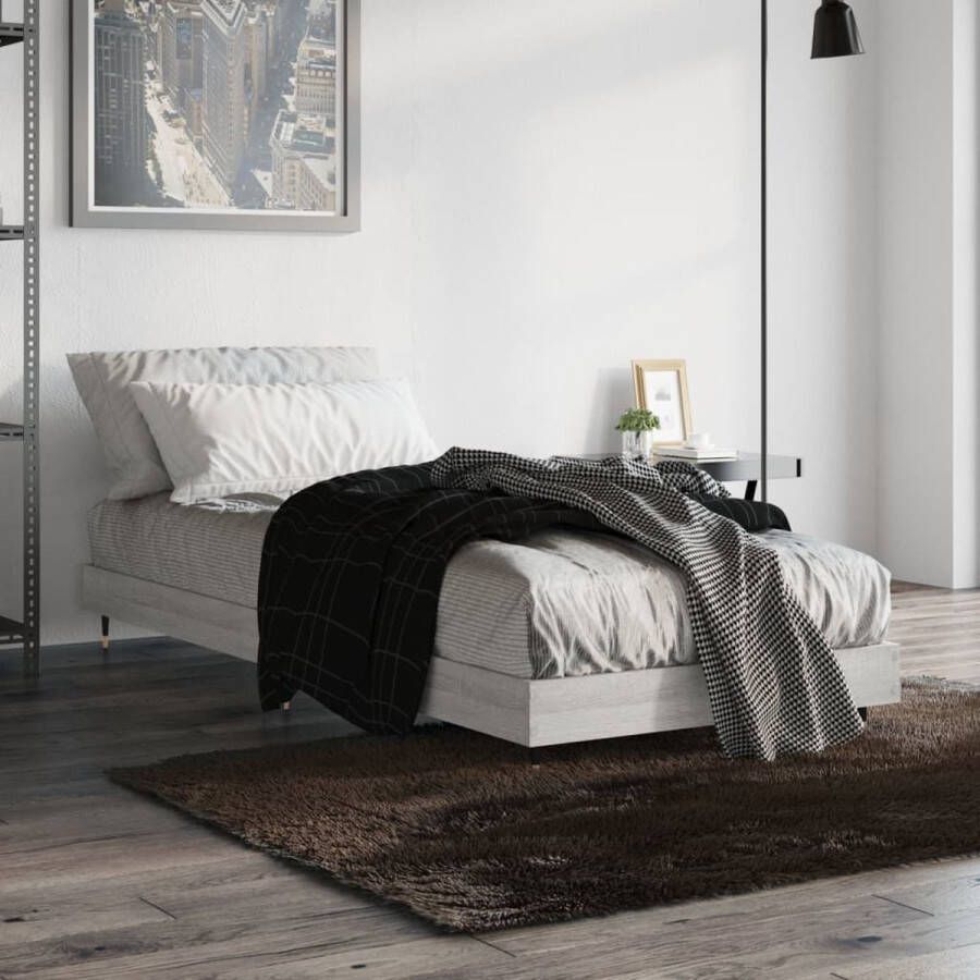The Living Store Bedframe bewerkt hout grijs sonoma eikenkleurig 75x190 cm Bed