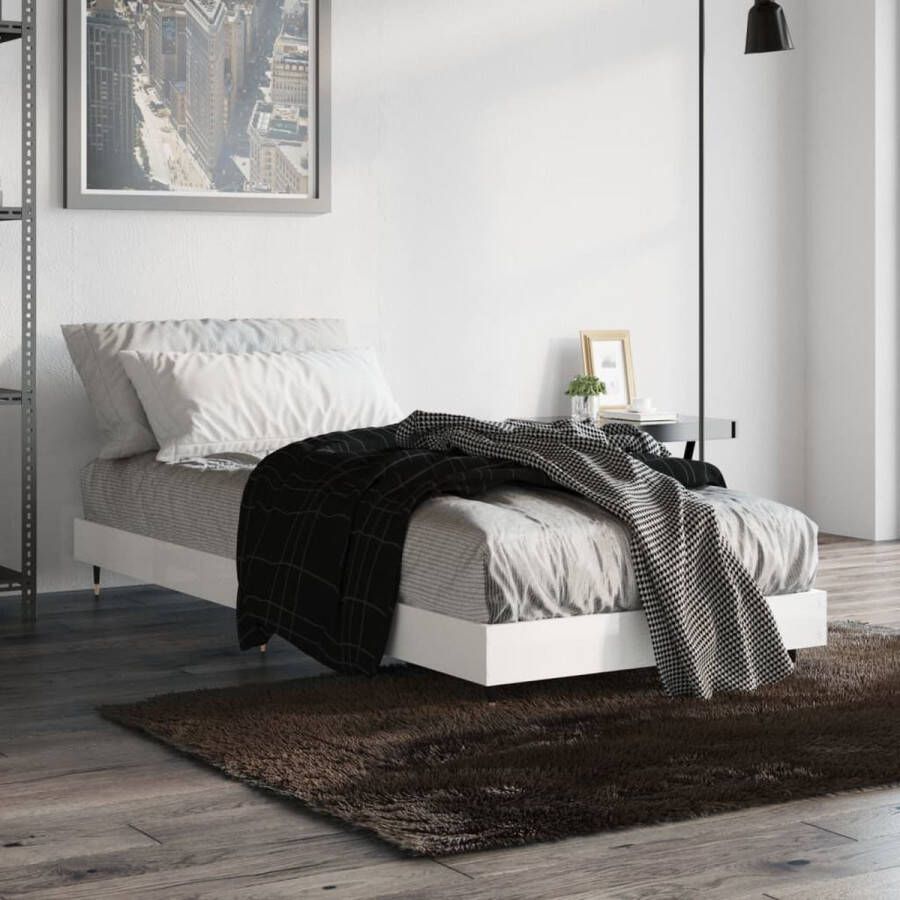 The Living Store Bedframe bewerkt hout hoogglans wit 75x190 cm Bed