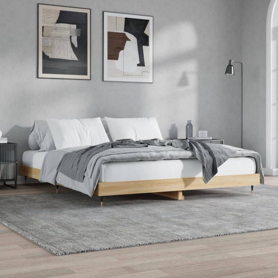 The Living Store Bedframe Sonoma Eiken 203x123x20 cm Hoge Kwaliteit Hout Stabiele Poten Multiplex Lattenbodem Montage Vereist Bed Frame Houten Bed Sonoma Eiken Tweepersoons Bed Boxspring Frame - Foto 2