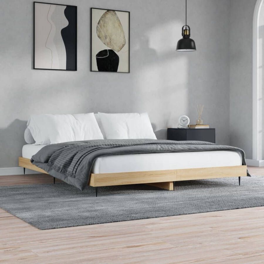 The Living Store Bed frame Sonoma Eiken 203 x 143 x 20 cm Stabiel en duurzaam – Metalen poten – Multiplex lattenbodem – Matras niet inbegrepen