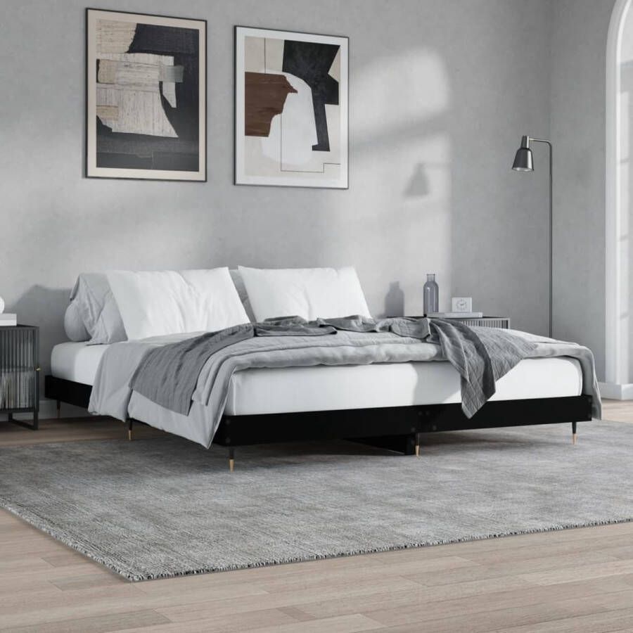 The Living Store Bedframe bewerkt hout zwart 140x200 cm Bed