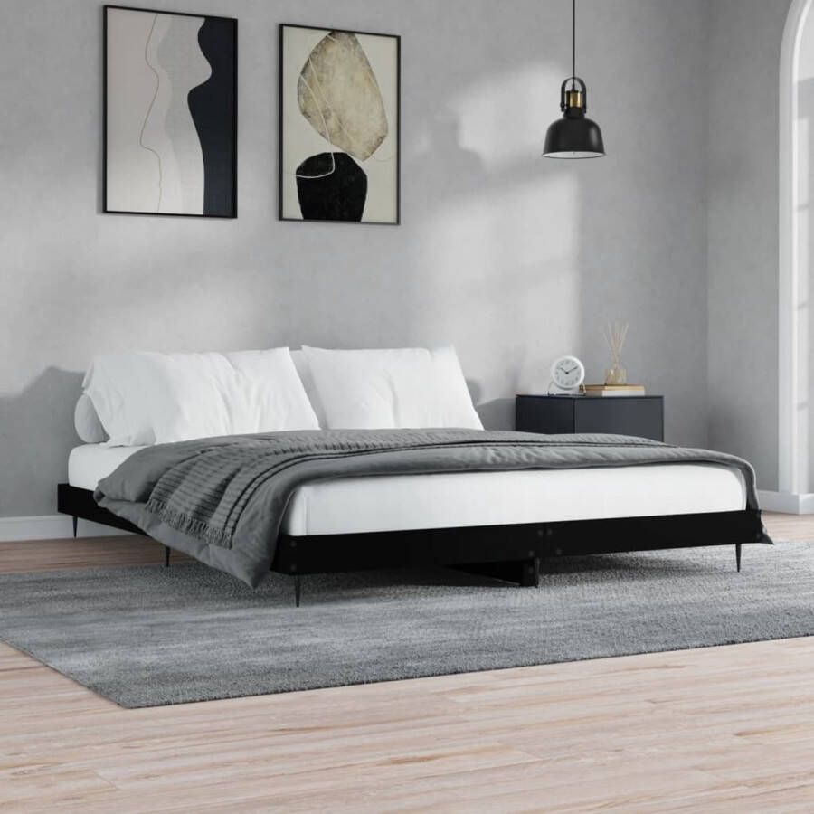 The Living Store Bedframe bewerkt hout zwart 150x200 cm Bed