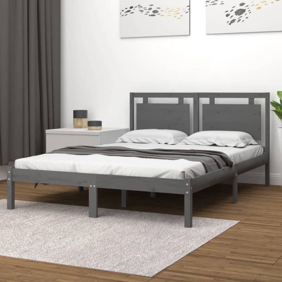 The Living Store Bedframe massief hout grijs 140x190 cm Bedframe Bedframes Tweepersoonsbed Bed Bedombouw Dubbel Bed Frame Bed Frame Ledikant Houten Bedframe Tweepersoonsbedden
