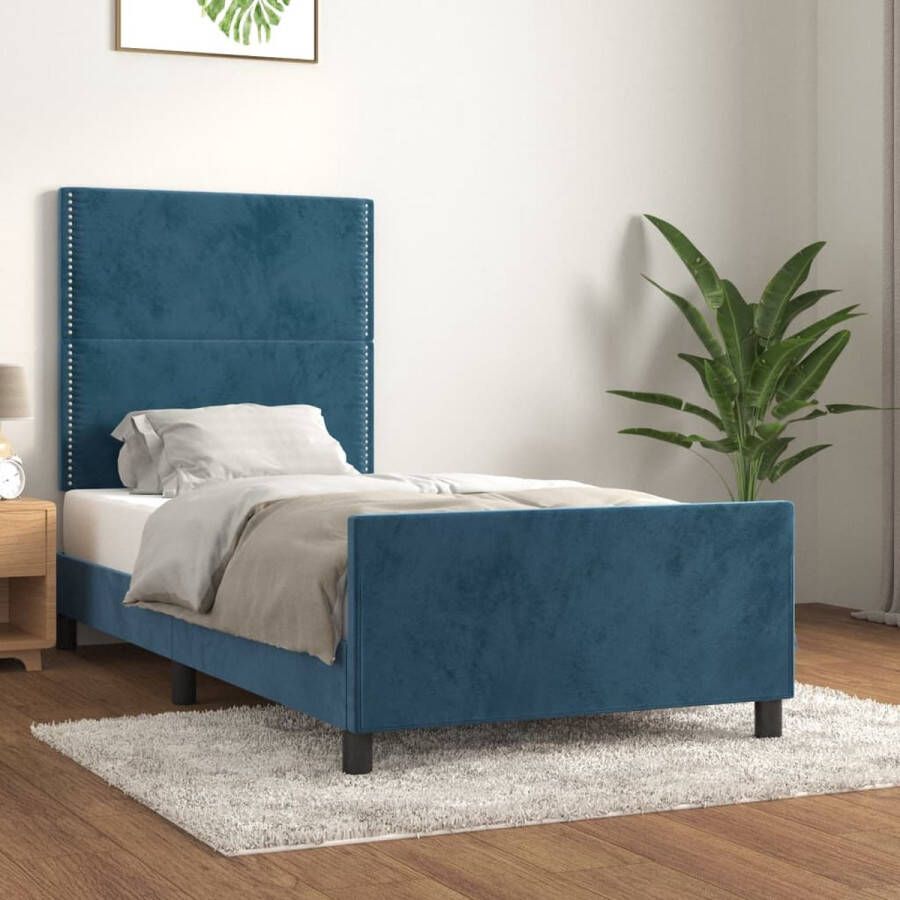 The Living Store Bedframe Comfort Bedframes 203 x 103 x 118 128 cm (L x B x H) Donkerblauw fluweel Comfortabel Bed Frame Donkere Blauwe Bed Fluweel Bed Frame Hoofdeinde Bed Tweepersoons Bed