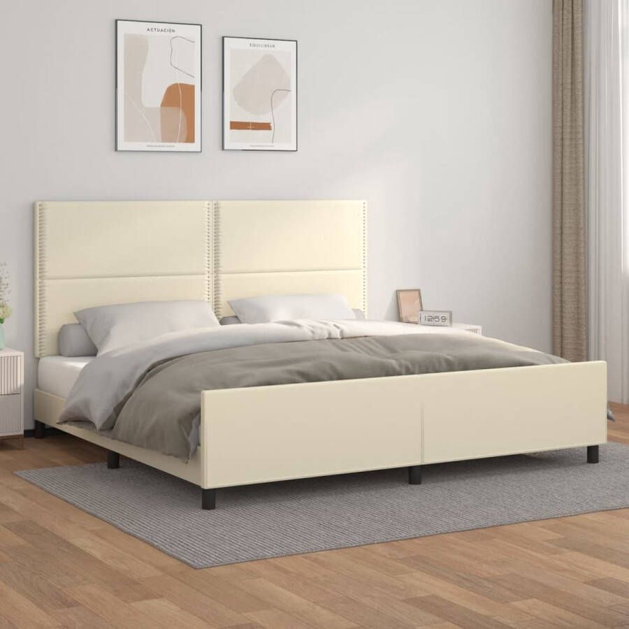 The Living Store Bedframe met hoofdbord kunstleer crèmekleurig 200x200 cm Bedframe Met Hoofdbord Bedframes Met Hoofdborden Bedframe Bed Slaapmeubel Bedbodem Ledikant Eenpersoonsbed Slaapbed Bedframes Bedden