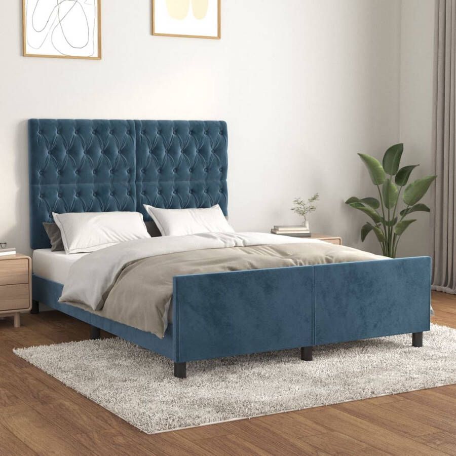 The Living Store Bedframe Donkerblauw Fluweel 203x146x118 128 cm Verstelbaar Verstevigde poten Multiplex lattenbodem Comfortabele ondersteuning