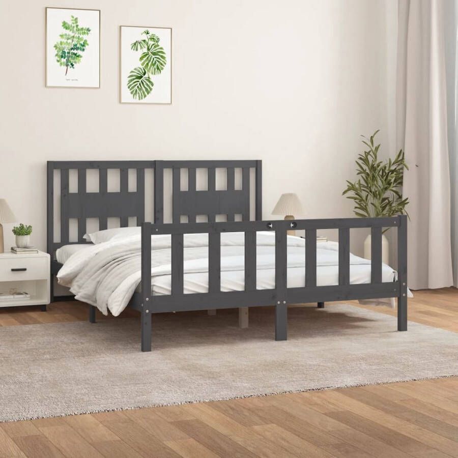 The Living Store Bedframe met hoofdbord massief grenenhout grijs 150x200 cm Klassieke Bedframe Houten Bedframe Grenenhout Bedframe Grijs Bedframe King Size Bedframe