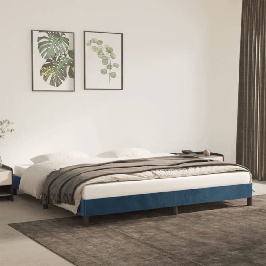 The Living Store Bedframe Fluweel Ondersteunende poten Multiplex lattenbodem Donkerblauw 203 x 203 x 25 cm Slaapkamerinrichting Tweepersoonsbed Velvet Bed Frame Donkere Kleuren Meubilair Luxe Bed