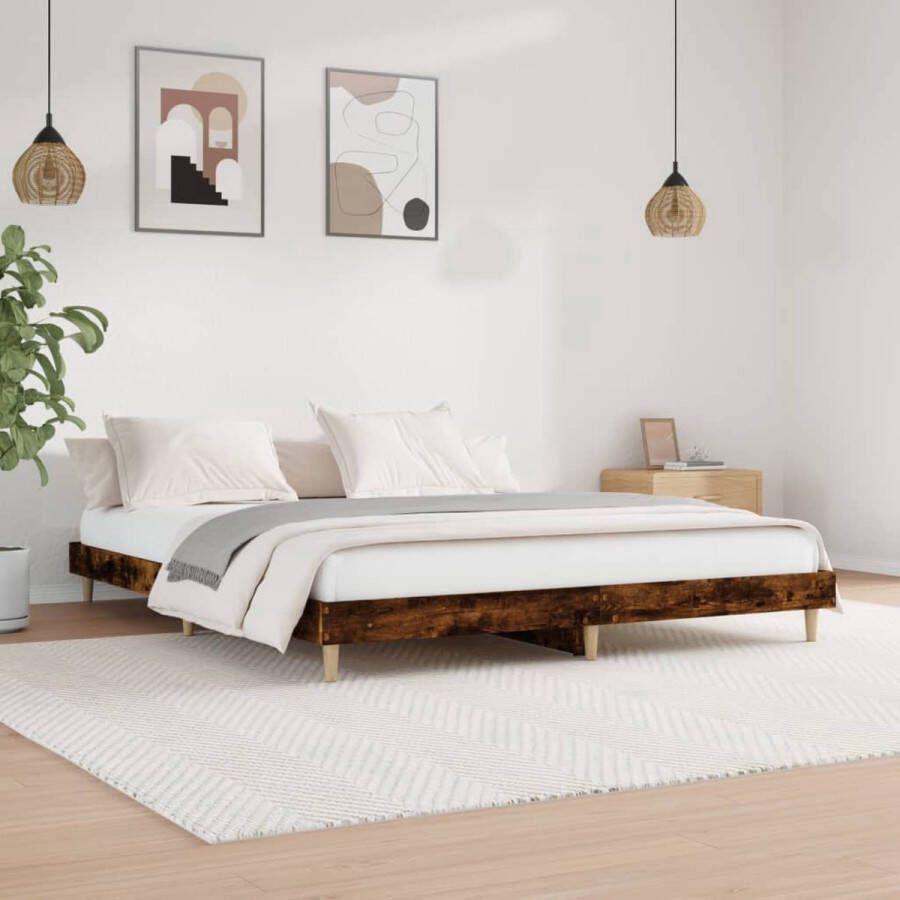 The Living Store Bedframe Gerookt Eiken 203 x 143 x 20 cm Duurzaam Hout Ondersteunende Poten Bed Frame Houten Bed Frame Tweepersoons Bed Bruine Bed Frame Gerookt Eiken