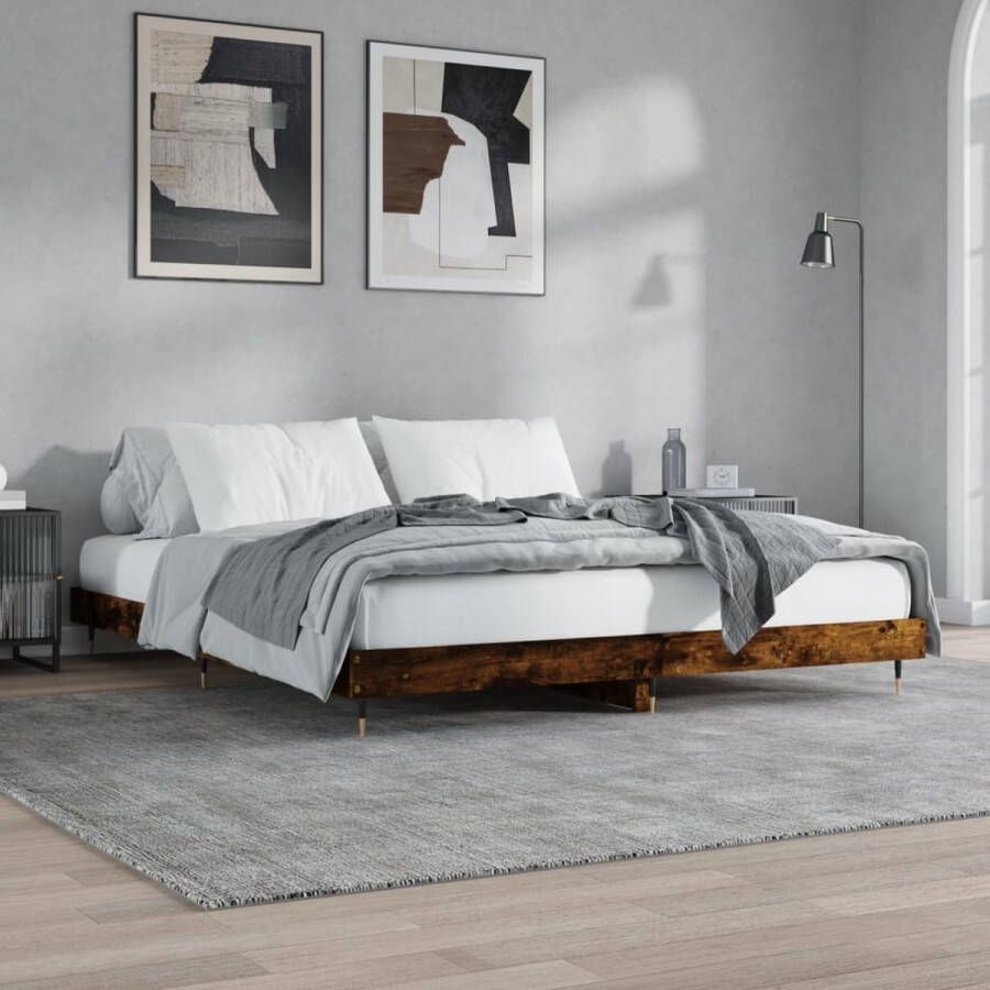 The Living Store Bedframe Gerookt Eiken Hoge Kwaliteit Hout Metalen Poten Multiplex Lattenbodem 203 x 203 x 20 cm Bed Frame Houten Bed Bruine Bed Tweepersoons Bed Slaapcomfort - Foto 2