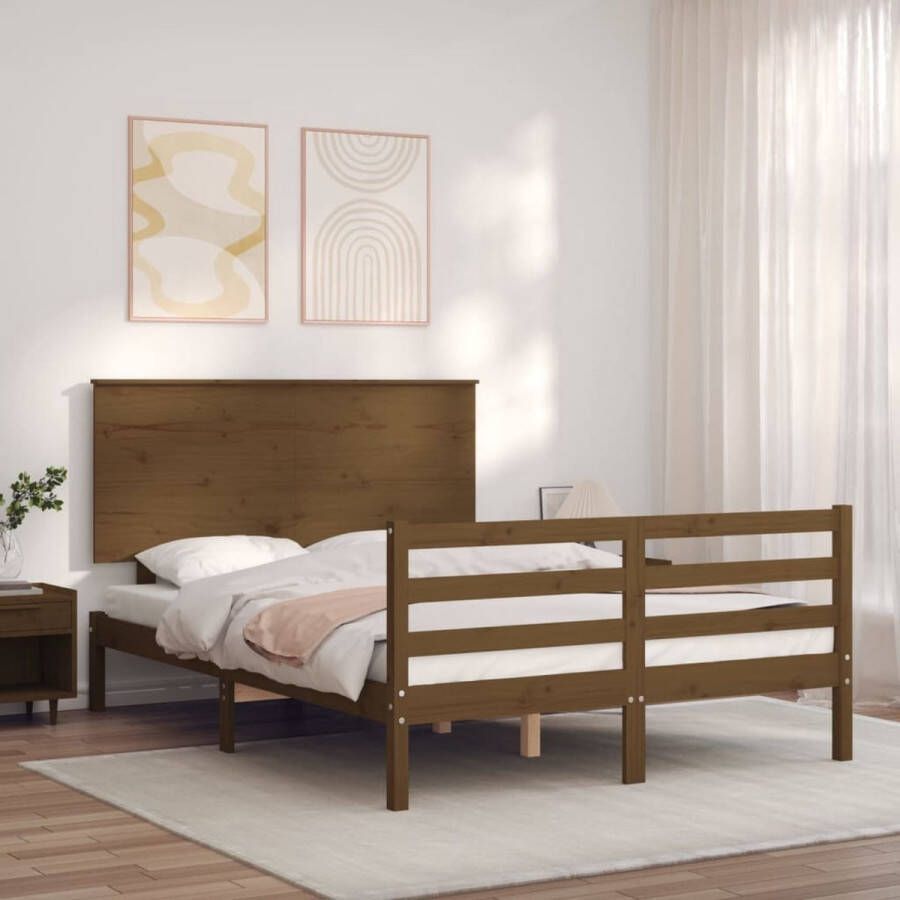 The Living Store Bedframe met hoofdbord hout honingbruin 4FT Small Double Bedframe Bedframes Bed Tweepersoonsbed Slaapkamermeubel Houten Bedframe Houten Bed Bedbodem Massief Houten Bedframe Ledikant Bedframe Met Hoofdeinde - Foto 2