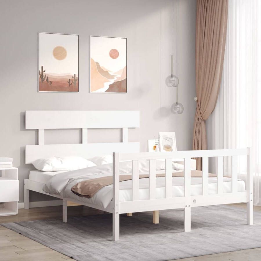 The Living Store Bedframe met hoofdbord massief hout wit 4FT6 Double Bedframe Bedframes Bed Tweepersoonsbed Slaapkamermeubel Houten Bedframe Houten Bed Bedbodem Massief Houten Bedframe Ledikant Bedframe Met Hoofdeinde - Foto 4