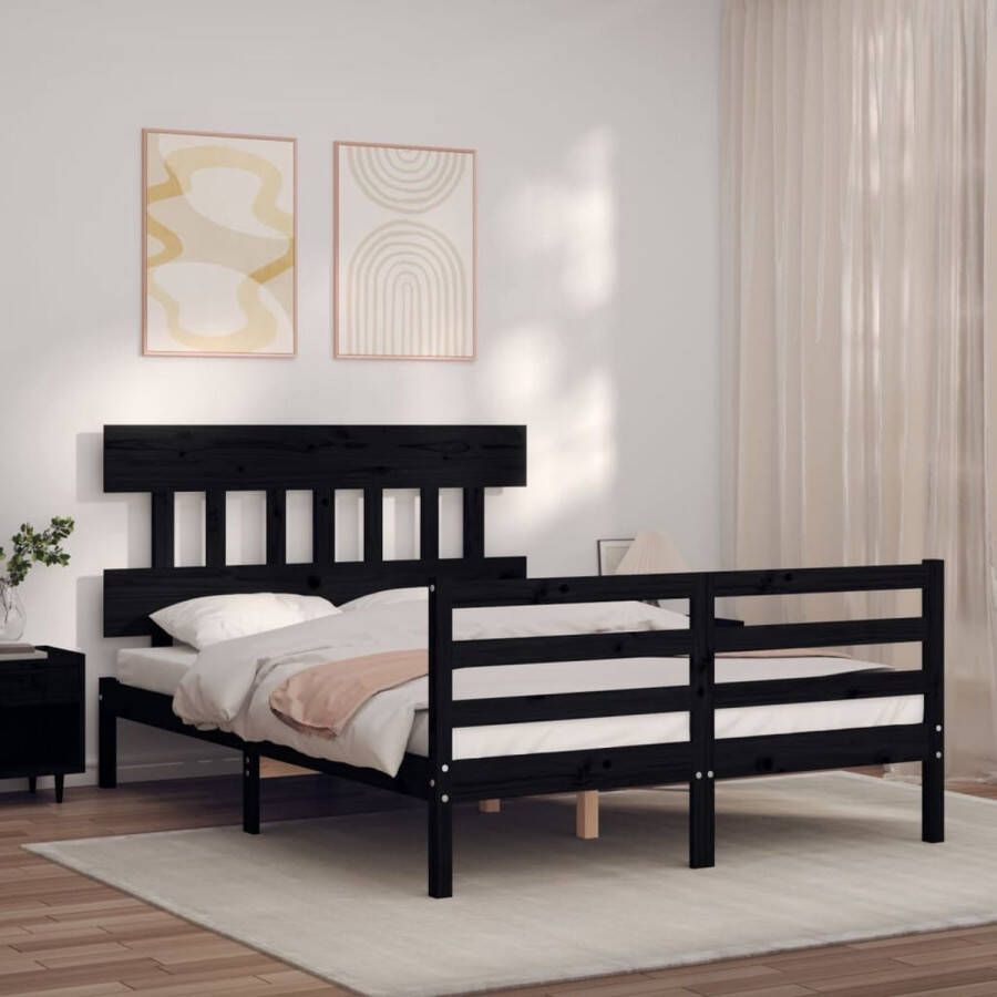 The Living Store Bedframe met hoofdbord massief hout zwart 4FT6 Double Bedframe Bedframes Bed Tweepersoonsbed Slaapkamermeubel Houten Bedframe Houten Bed Bedbodem Massief Houten Bedframe Ledikant Bedframe Met Hoofdeinde - Foto 3