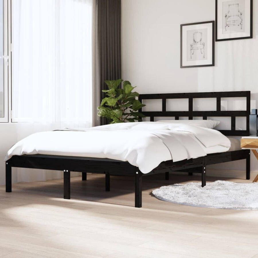 The Living Store Bedframe massief hout zwart 135x190 cm 4FT6 Double Bedframe Bedframes Bed Bedbodem Ledikant Bed Frame Massief Houten Bedframe Slaapmeubel Tweepersoonsbed Bedden Bedbodems - Foto 2