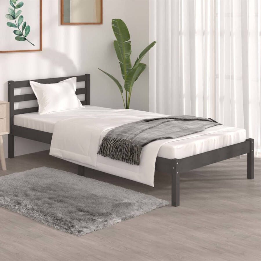 The Living Store Bedframe Grenenhout 195.5 x 95.5 x 69.5 cm Grijs Massief houten bedframe met stevige lattenbodem Geschikt voor 90 x 190 cm matras Montage vereist