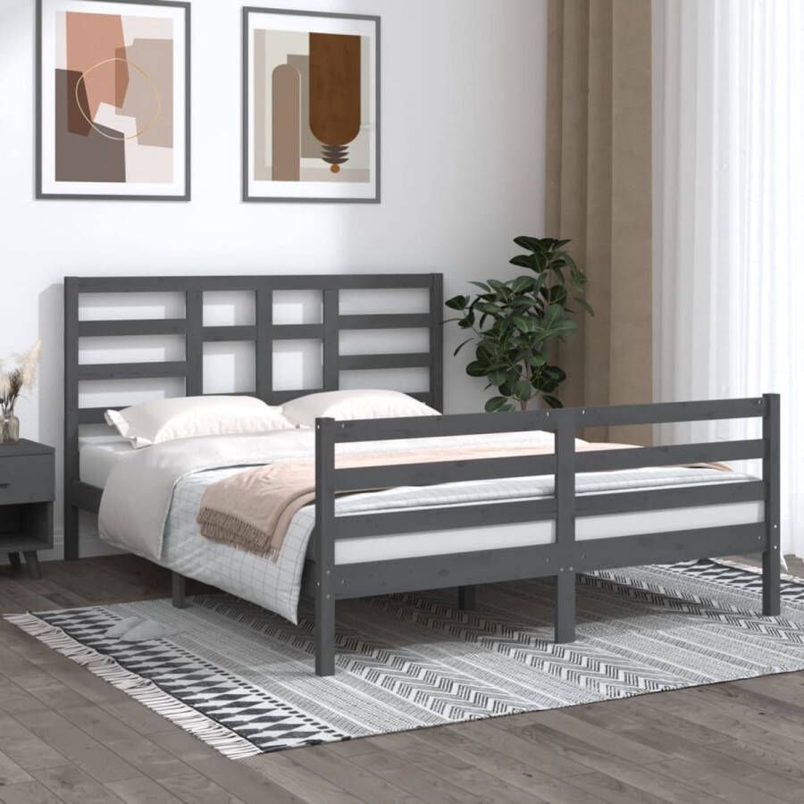 The Living Store Bedframe Grenenhout 205.5 x 156 x 104 cm Grijs Multiplex lattenbodem 150 x 200 cm Montage vereist