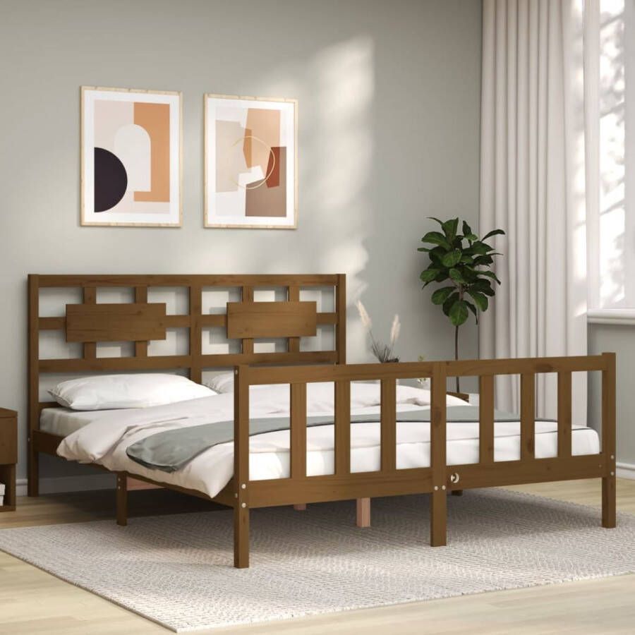 The Living Store Bedframe met hoofdbord hout honingbruin 160x200 cm Bedframe Bedframes Bed Tweepersoonsbed Slaapkamermeubel Houten Bedframe Houten Bed Bedbodem Massief Houten Bedframe Ledikant Bedframe Met Hoofdeinde - Foto 4