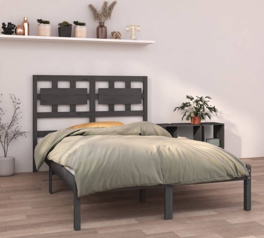 The Living Store Bedframe massief hout grijs 150x200 cm 5FT King Size Bedframe Bedframes Tweepersoonsbed Bed Bedombouw Dubbel Bed Frame Bed Frame Ledikant Bedframe Met Hoofdeinde Tweepersoonsbedden