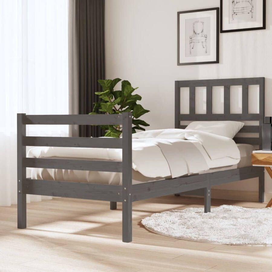 The Living Store Bedframe massief grenenhout grijs 90x200 cm Houten Bedframe Grenenhout Bedframe Enkelbed Grijs Bedframe Stapelbare Bedbodems