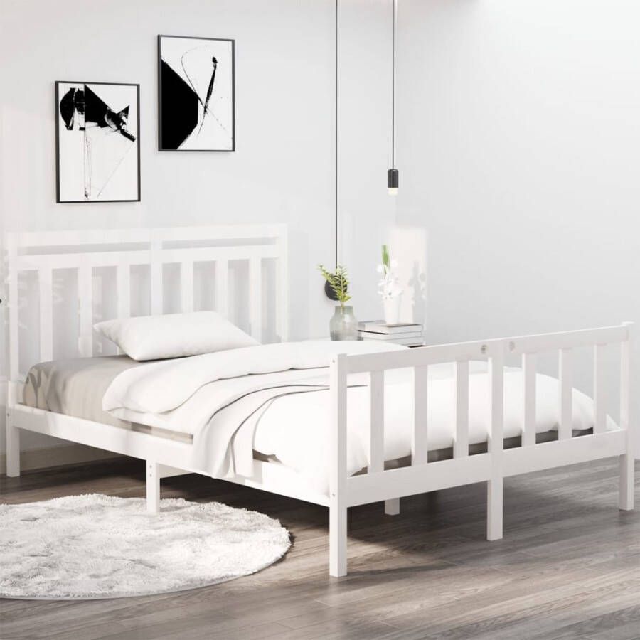 The Living Store Bedframe massief hout wit 135x190 cm 4FT6 Double Bedframe Bedframes Tweepersoonsbed Bed Bedombouw Dubbel Bed Frame Bed Frame Ledikant Houten Bedframe Tweepersoonsbedden - Foto 2