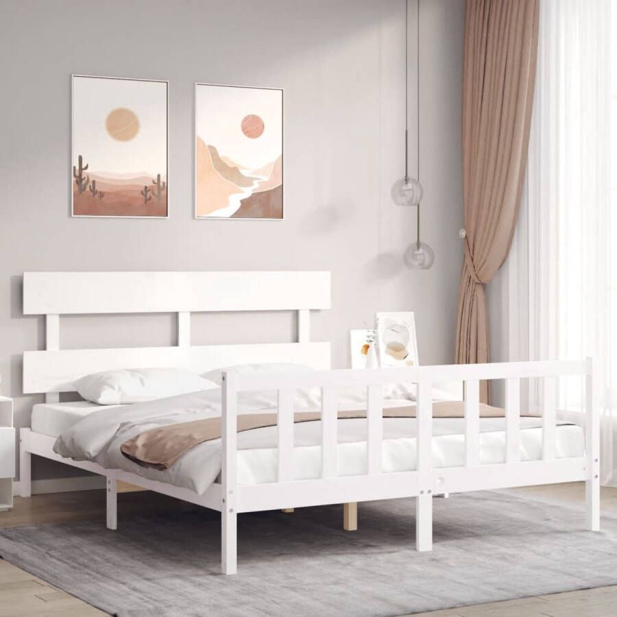 The Living Store Bedframe met hoofdbord massief hout wit 5 FT King Size Bedframe Bedframes Bed Tweepersoonsbed Slaapkamermeubel Houten Bedframe Houten Bed Bedbodem Massief Houten Bedframe Ledikant Bedframe Met Hoofdeinde