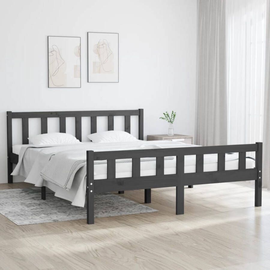 The Living Store Bedframe Grenenhout Grijs 120x200 cm Tijdloos ontwerp Stabiel frame Comfortabel slapen