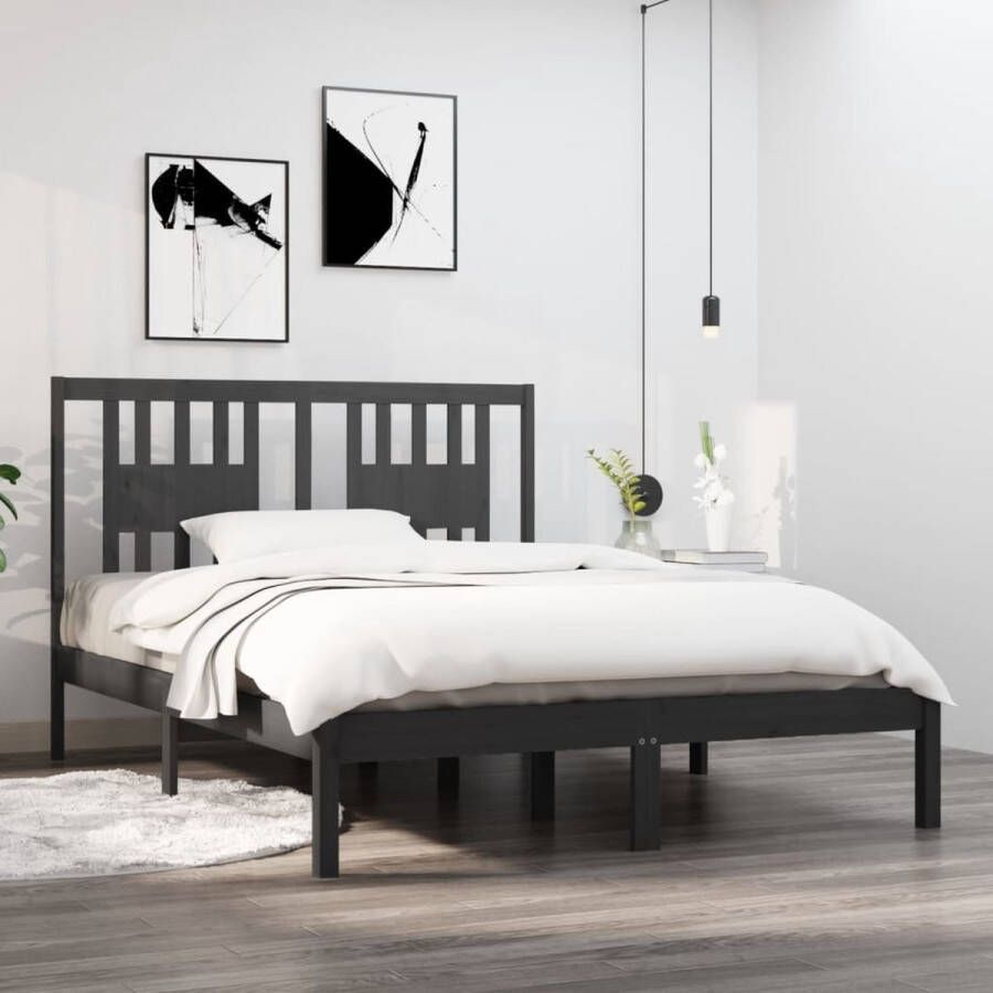 The Living Store Bedframe Grenenhout Grijs 195.5 x 146 x 100 cm Lattenbodem Praktisch hoofdeinde