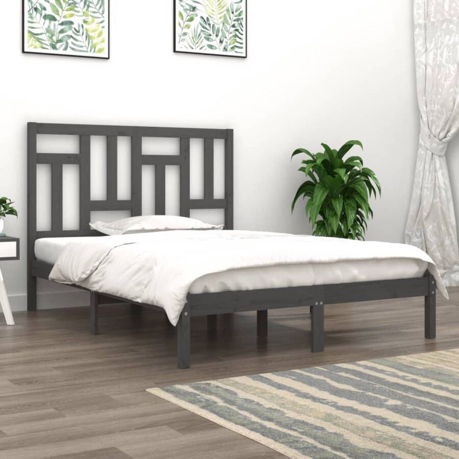 The Living Store Bedframe Grenenhout Grijs 205.5 x 145.5 x 31 cm Massief Hout Matras 140 x 200 Montage vereist