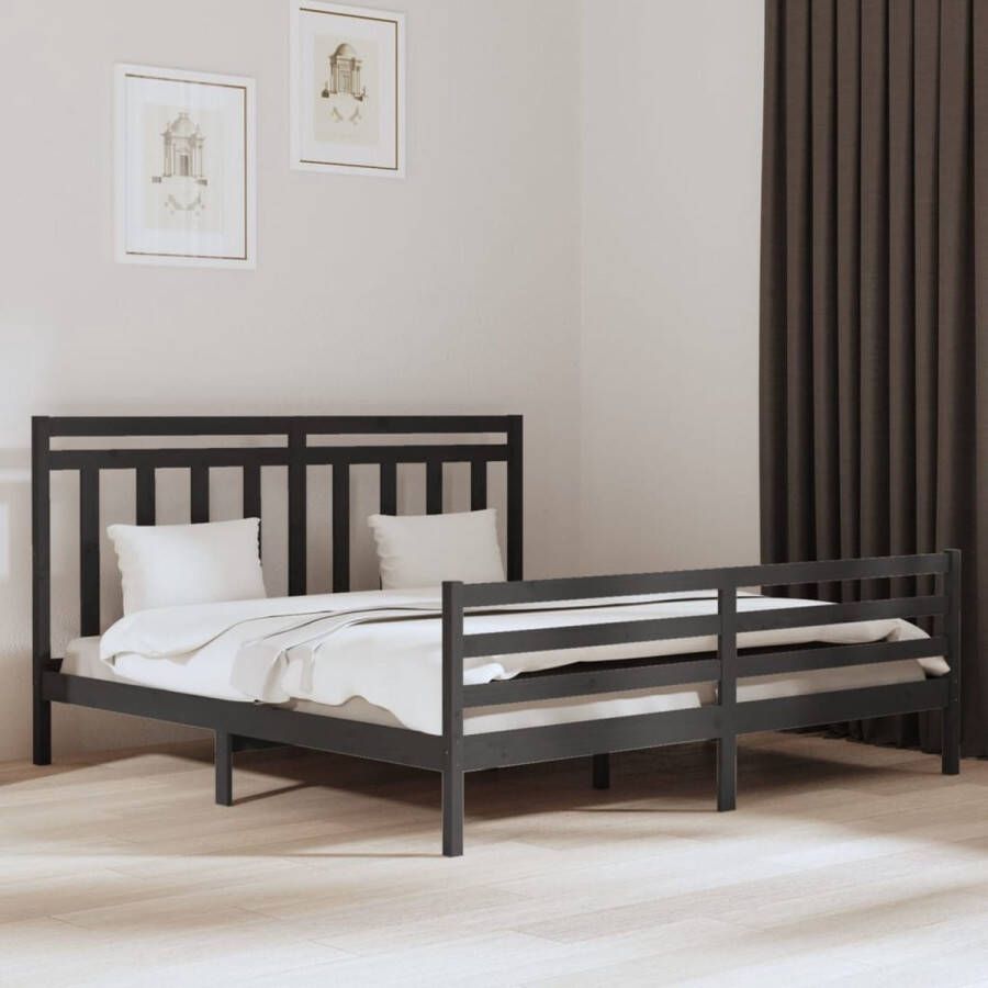 The Living Store Bedframe massief hout grijs 200x200 cm Bedframe Bedframes Tweepersoonsbed Bed Bedombouw Dubbel Bed Frame Bed Frame Ledikant Houten Bedframe Tweepersoonsbedden