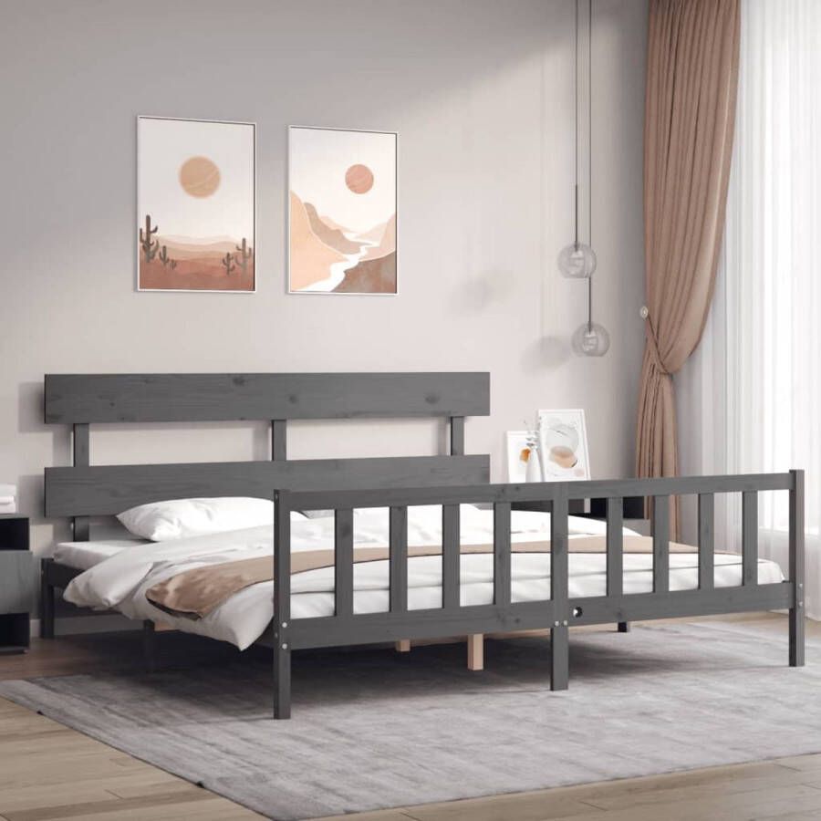 The Living Store Bedframe met hoofdbord massief hout grijs 200x200 cm Bedframe Bedframes Bed Tweepersoonsbed Slaapkamermeubel Houten Bedframe Houten Bed Bedbodem Massief Houten Bedframe Ledikant Bedframe Met Hoofdeinde - Foto 2
