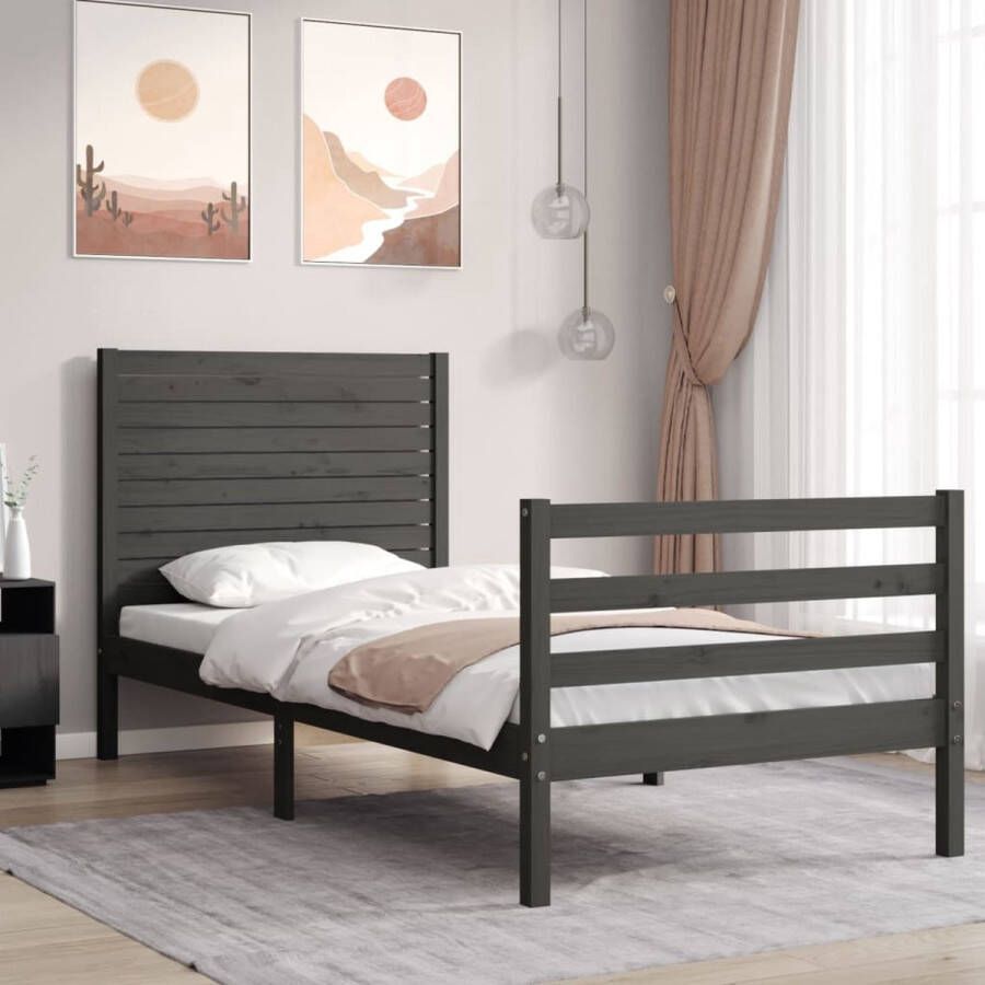 The Living Store Bedframe met hoofdbord massief hout grijs 90x200 cm Bedframe Bedframes Bed Eenpersoonsbed Slaapkamermeubel Houten Bedframe Houten Bed Bedbodem Massief Houten Bedframe Ledikant Bedframe Met Hoofdeinde - Foto 9