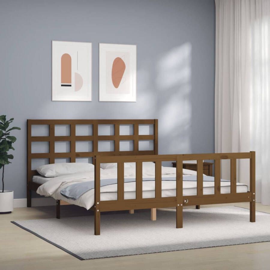 The Living Store Bedframe met hoofdbord hout honingbruin 160x200 cm Bedframe Bedframes Bed Tweepersoonsbed Slaapkamermeubel Houten Bedframe Houten Bed Bedbodem Massief Houten Bedframe Ledikant Bedframe Met Hoofdeinde - Foto 2