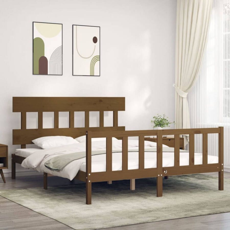 The Living Store Bedframe met hoofdbord hout honingbruin 160x200 cm Bedframe Bedframes Bed Tweepersoonsbed Slaapkamermeubel Houten Bedframe Houten Bed Bedbodem Massief Houten Bedframe Ledikant Bedframe Met Hoofdeinde - Foto 2