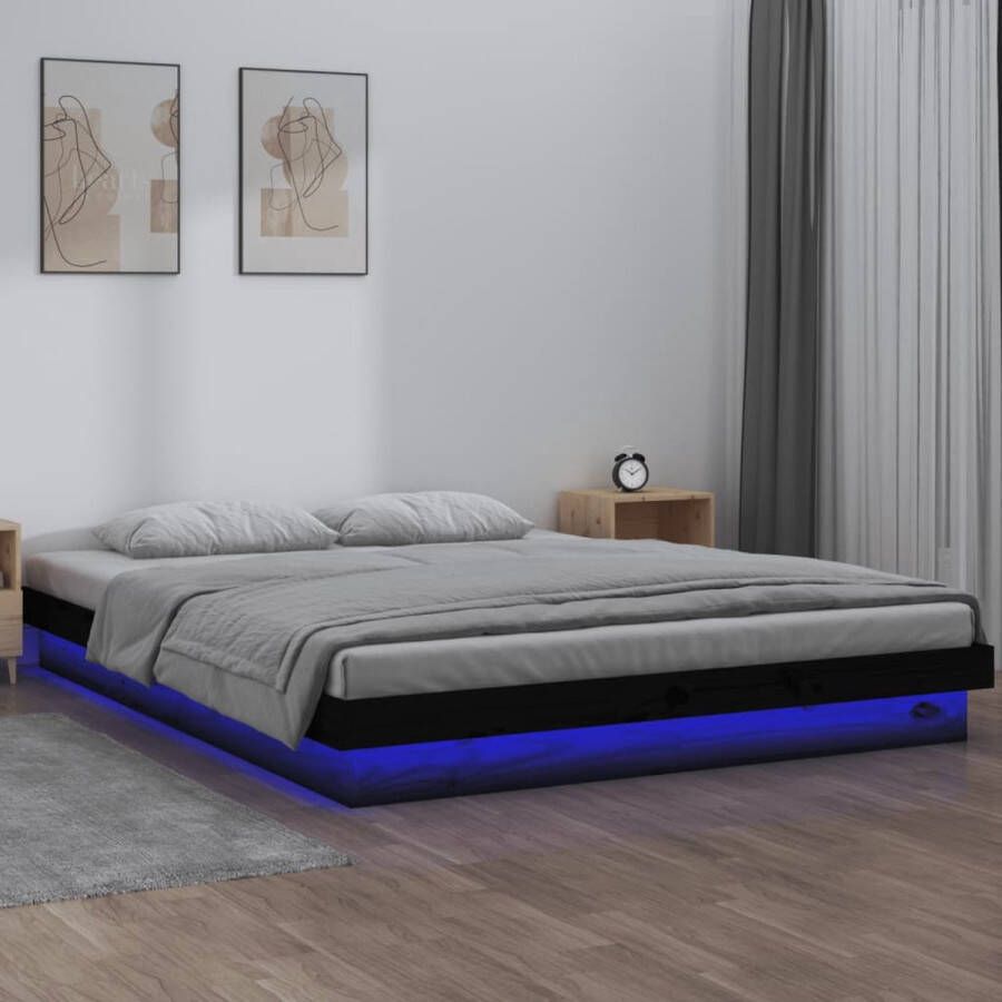 The Living Store Bedframe Grenenhout Kleurrijke LED 120 x 190 cm USB Zwart